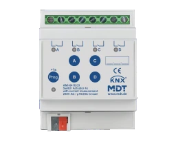 MDT Switching Actuator 4-fold, 4 TE, DIN rail, 16/20 A, 230 V AC, C-load with current measurement, 200 µF – AMI-0416.03