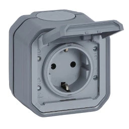 LEGRAND FR AP socket outlet, grey push-in terminals, enhanced contact protection, IP 44 – 069730L
