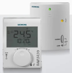 SIEMENS OESTERREICH Raumtemperaturregler LCD 5..30°C T/N 2-Pkt(TPI) Funk m. Empfänger  – RDJ100RF/SET