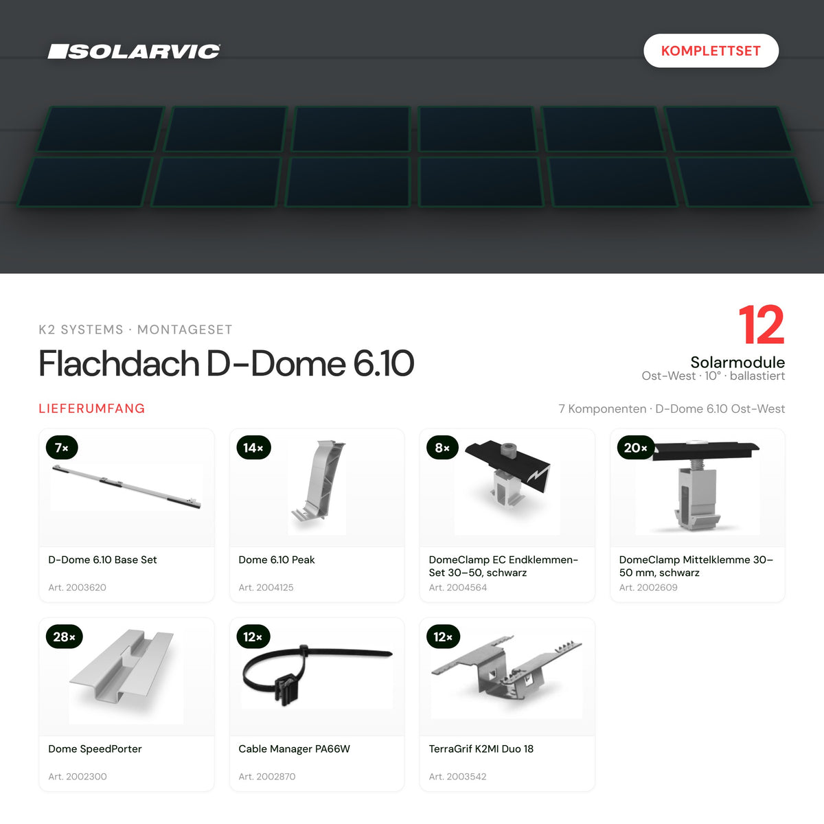 K2 Systems Montageset Flachdach D-Dome 6.10 für 12 Solarmodule