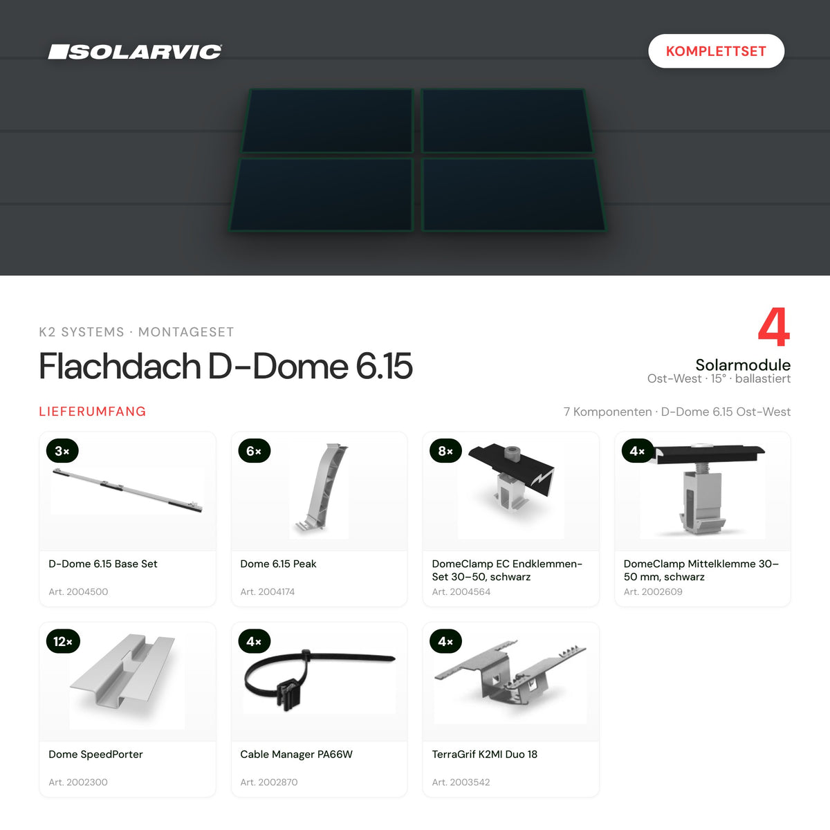 K2 Systems Montageset Flachdach D-Dome 6.15 für 4 Solarmodule