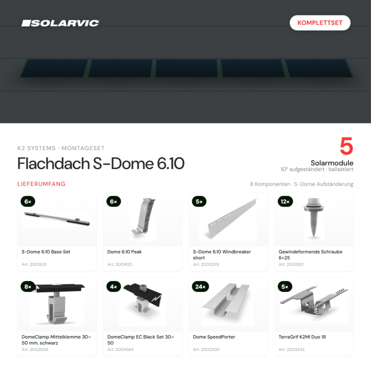 K2 SYSTEMS Montageset Flachdach S-Dome 6.10 – 5 Solarmodule: Lieferumfang Komplettset