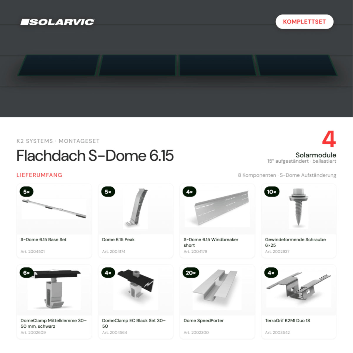 K2 SYSTEMS Montageset Flachdach S-Dome 6.15 – 4 Solarmodule: Lieferumfang Komplettset