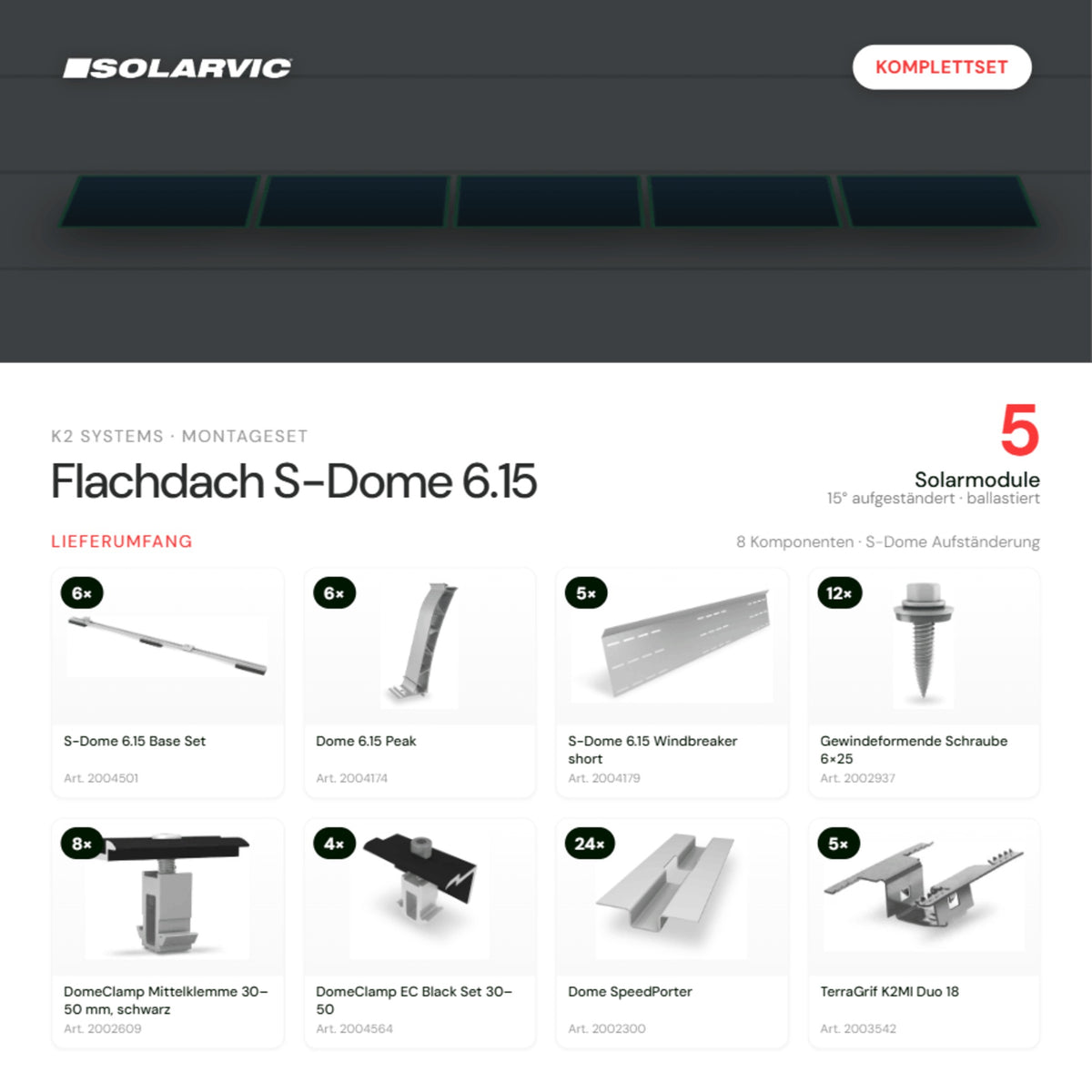 K2 SYSTEMS Montageset Flachdach S-Dome 6.15 – 5 Solarmodule: Lieferumfang Komplettset