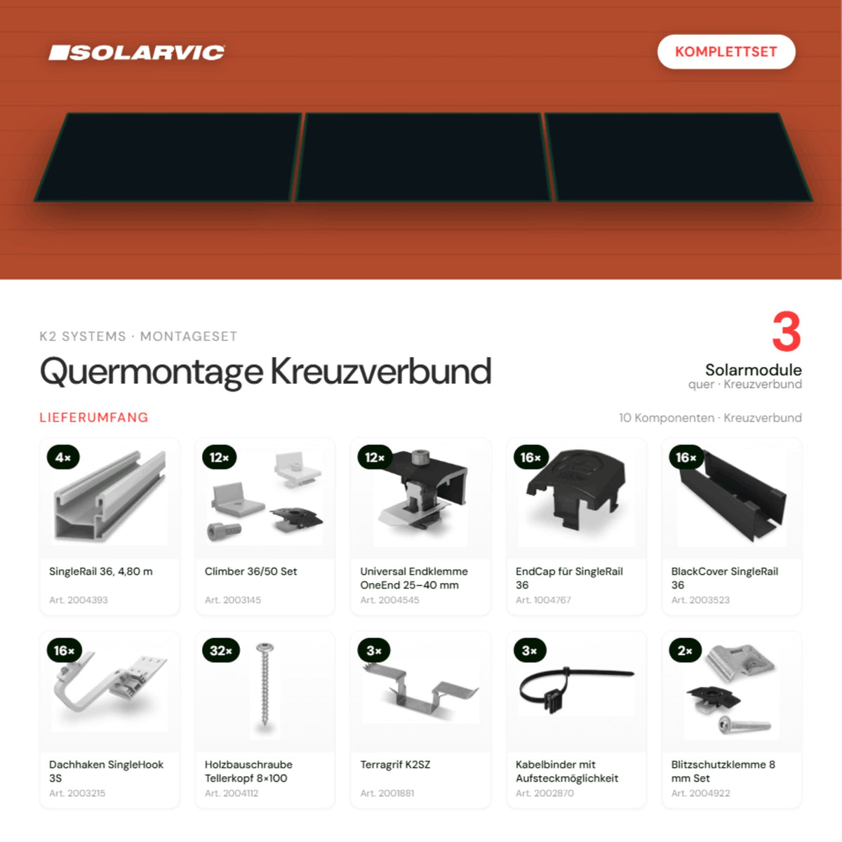 K2 SYSTEMS Montageset Schrägdach Quermontage Kreuzverbund – 3 Solarmodule: Lieferumfang Komplettset