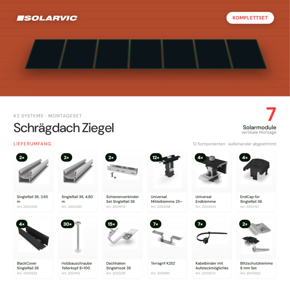 K2 SYSTEMS Montageset Schrägdach Ziegel – 7 Solarmodule: Lieferumfang Komplettset