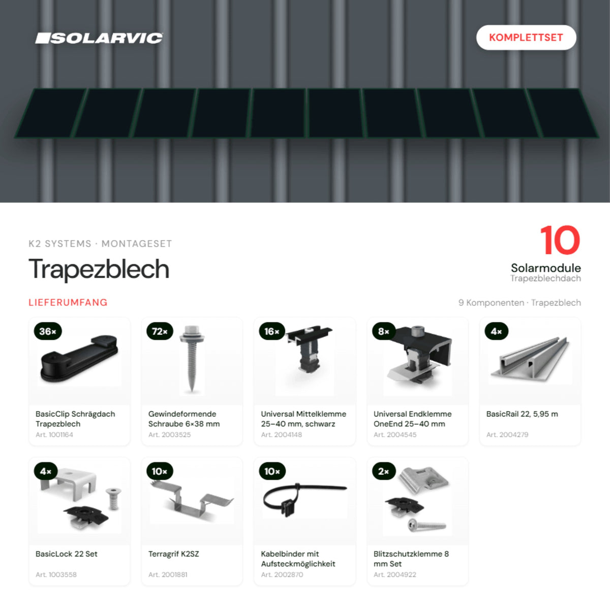 K2 SYSTEMS Montageset Trapezblech – 10 Solarmodule: Lieferumfang Komplettset