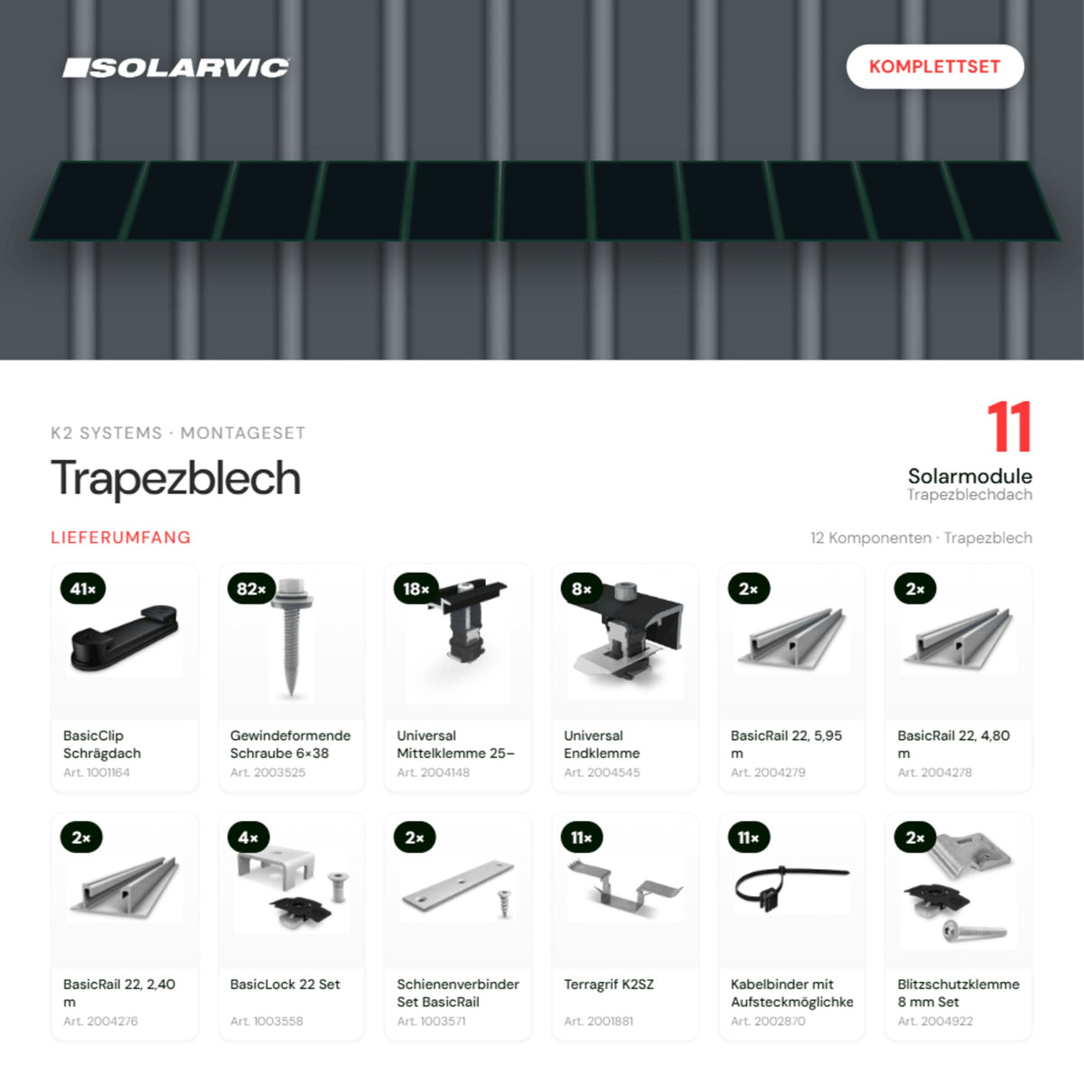 K2 SYSTEMS Montageset Trapezblech – 11 Solarmodule: Lieferumfang Komplettset