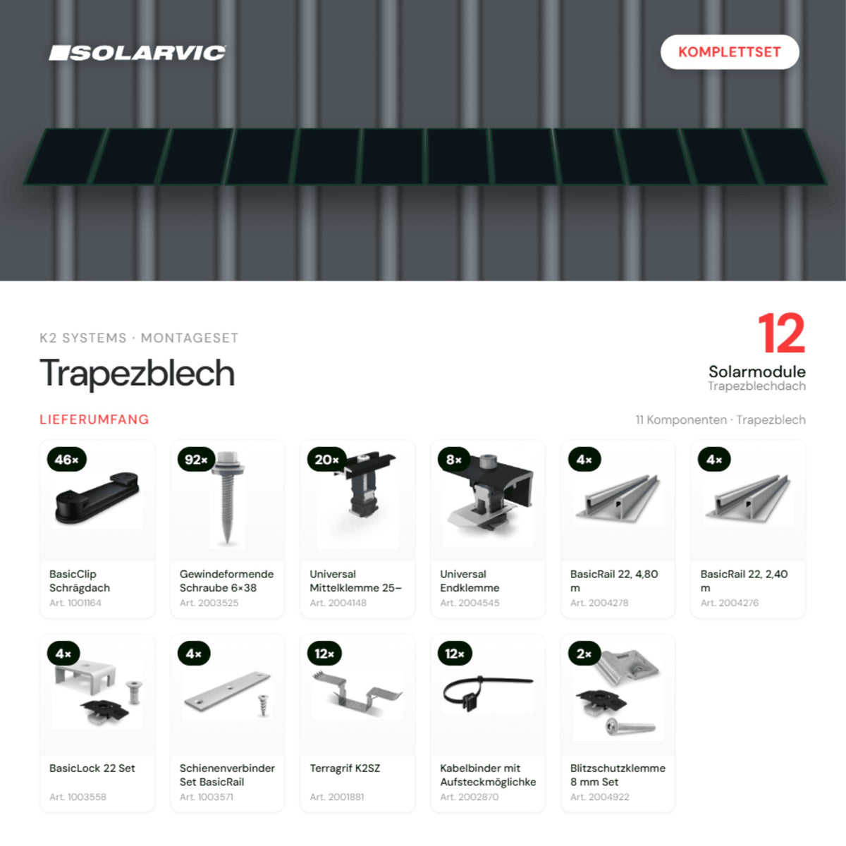 K2 SYSTEMS Montageset Trapezblech – 12 Solarmodule: Lieferumfang Komplettset