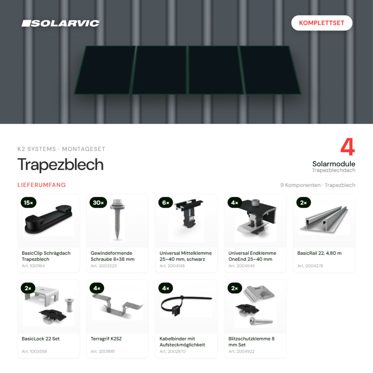 K2 SYSTEMS Montageset Trapezblech – 4 Solarmodule: Lieferumfang Komplettset