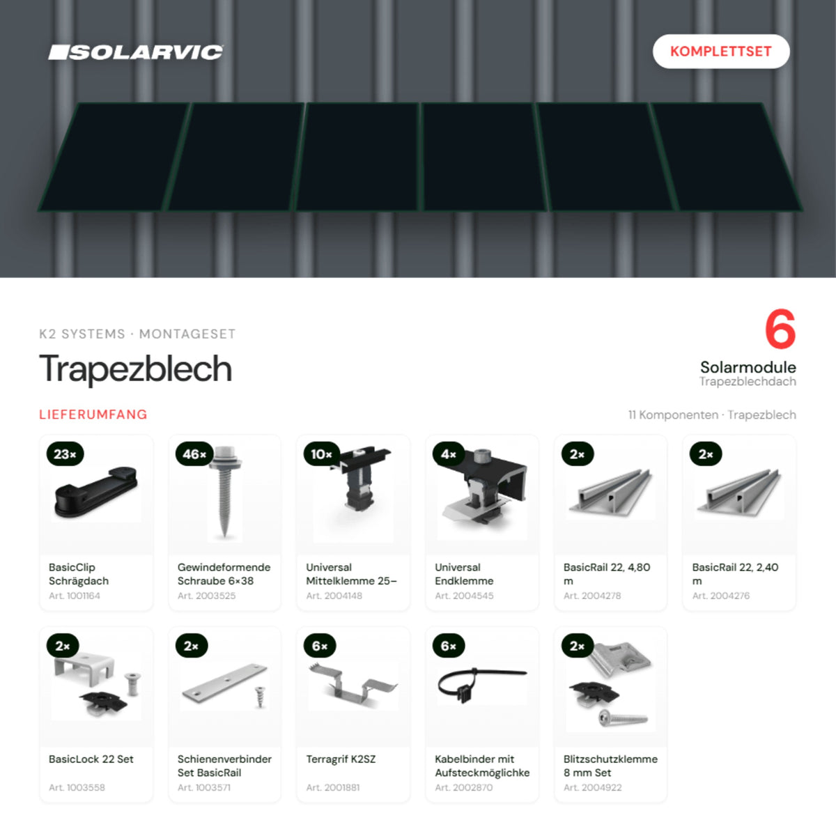 K2 SYSTEMS Montageset Trapezblech – 6 Solarmodule: Lieferumfang Komplettset