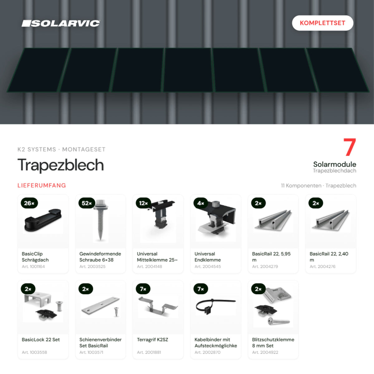 K2 SYSTEMS Montageset Trapezblech – 7 Solarmodule: Lieferumfang Komplettset