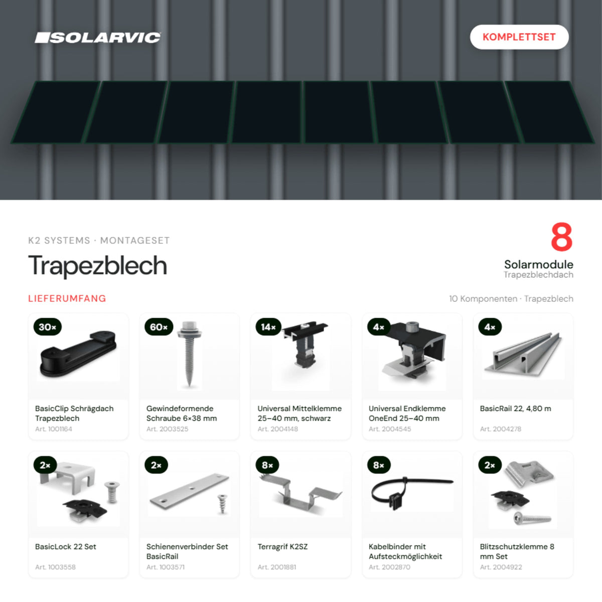 K2 SYSTEMS Montageset Trapezblech – 8 Solarmodule: Lieferumfang Komplettset