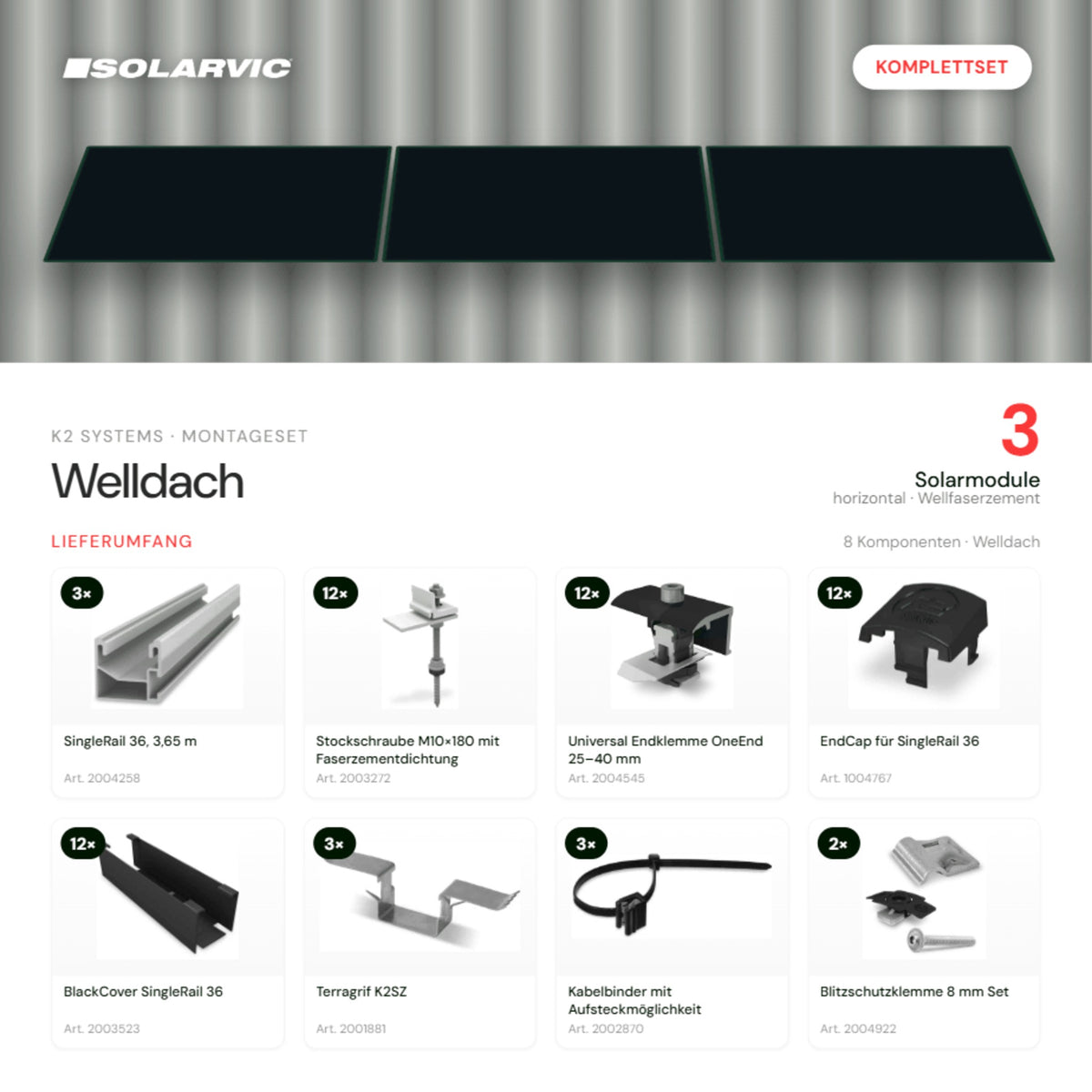 K2 SYSTEMS Montageset Welldach Horizontal – 3 Solarmodule: Lieferumfang Komplettset