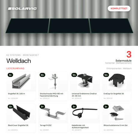 K2 SYSTEMS Montageset Welldach Horizontal – 3 Solarmodule: Lieferumfang Komplettset