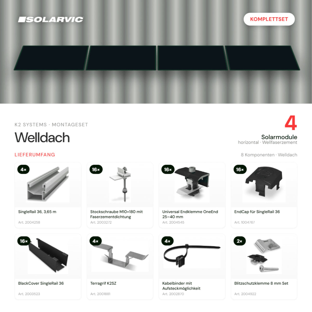 K2 SYSTEMS Montageset Welldach Horizontal – 4 Solarmodule: Lieferumfang Komplettset