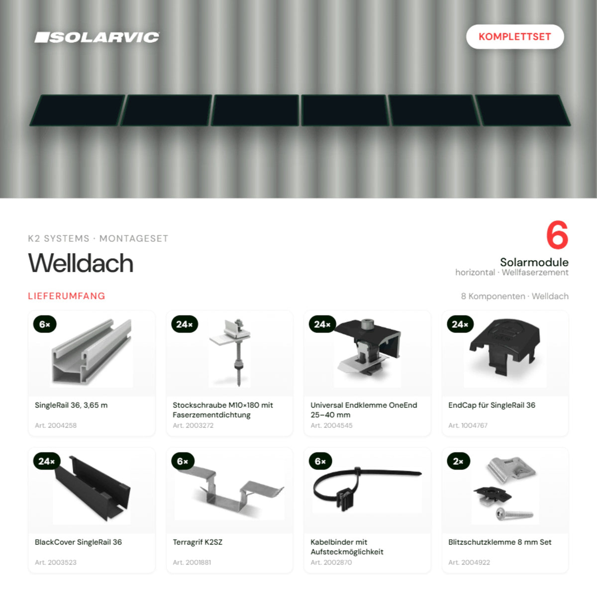 K2 SYSTEMS Montageset Welldach Horizontal – 6 Solarmodule: Lieferumfang Komplettset
