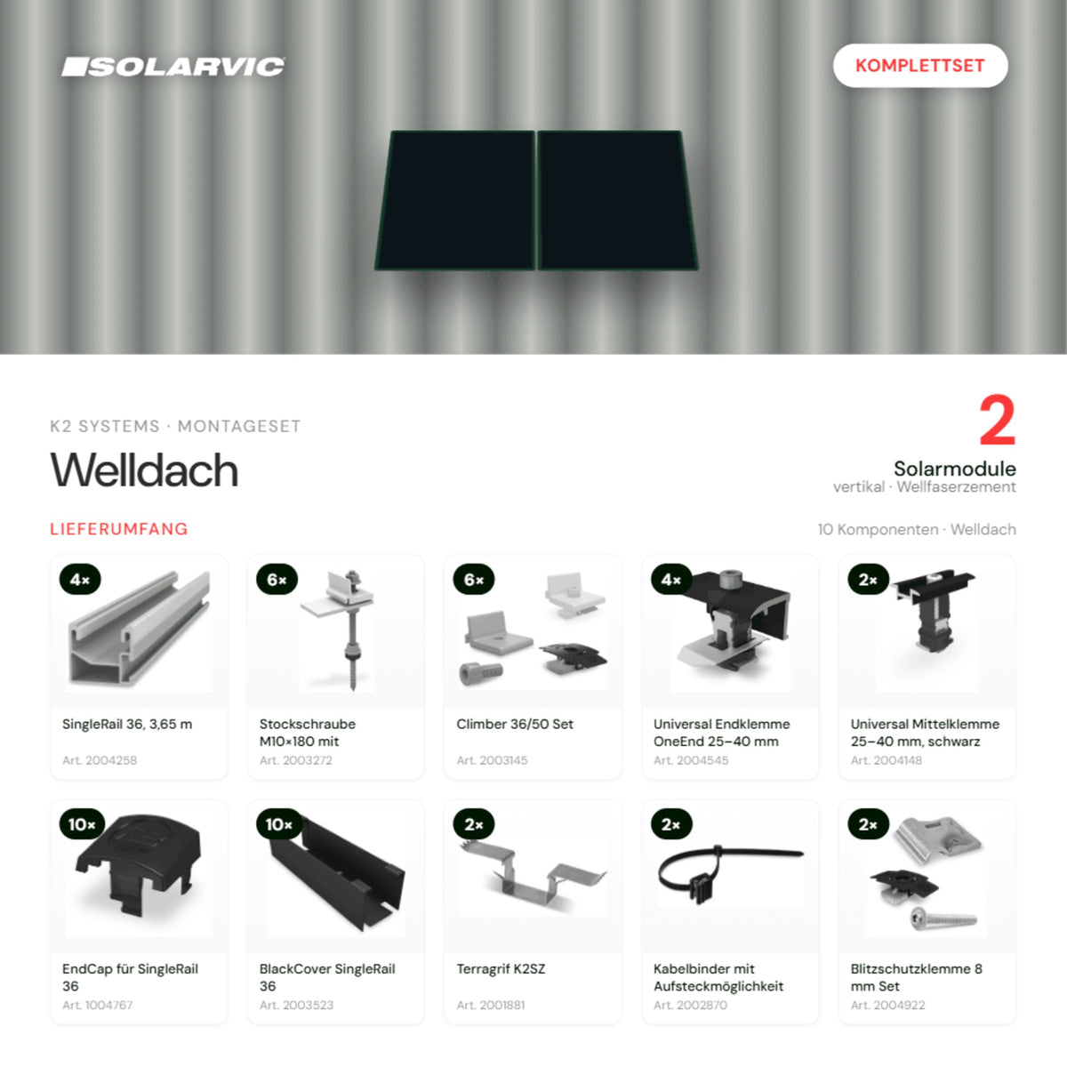 K2 SYSTEMS Montageset Welldach Vertikal – 2 Solarmodule: Lieferumfang Komplettset