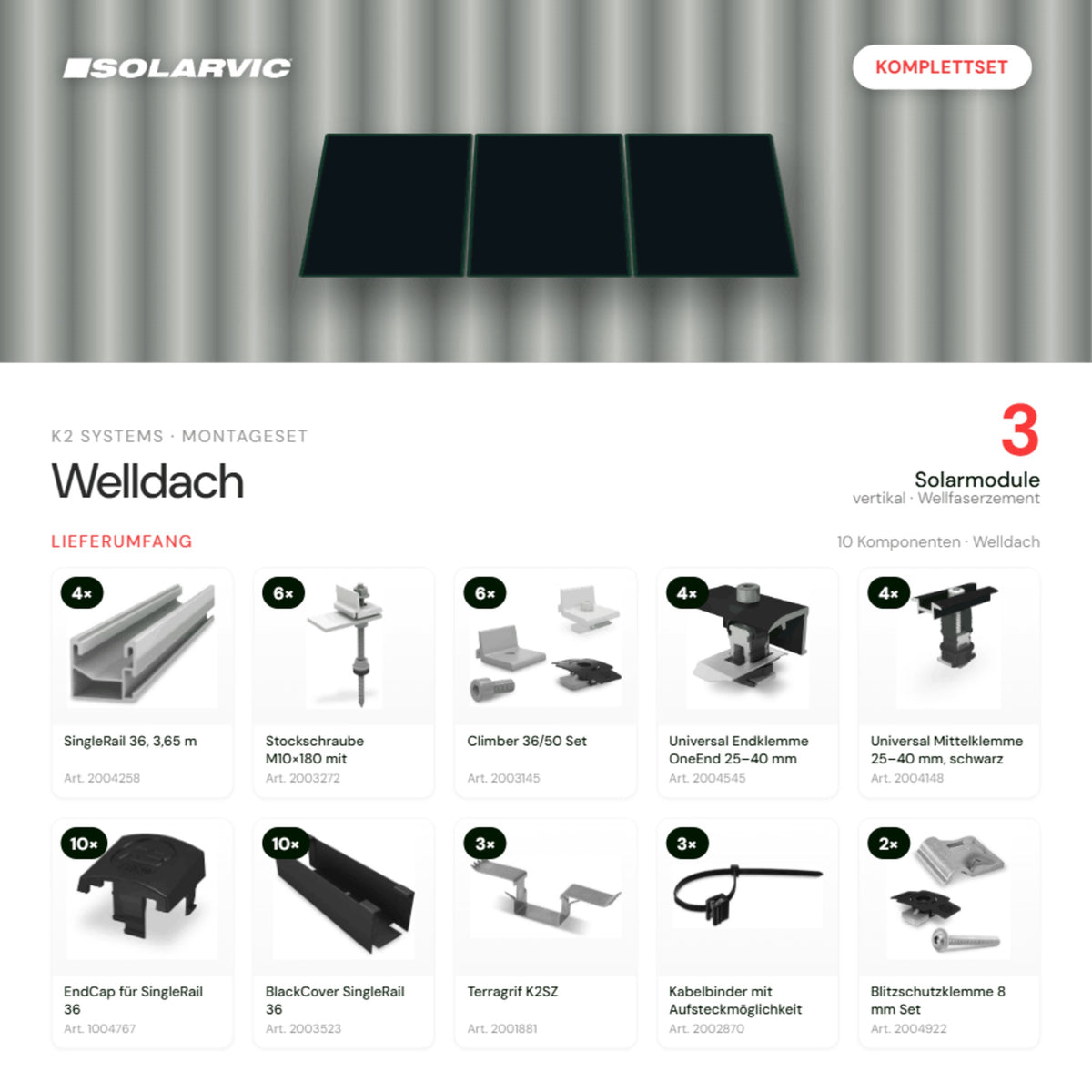 K2 SYSTEMS Montageset Welldach Vertikal – 3 Solarmodule: Lieferumfang Komplettset