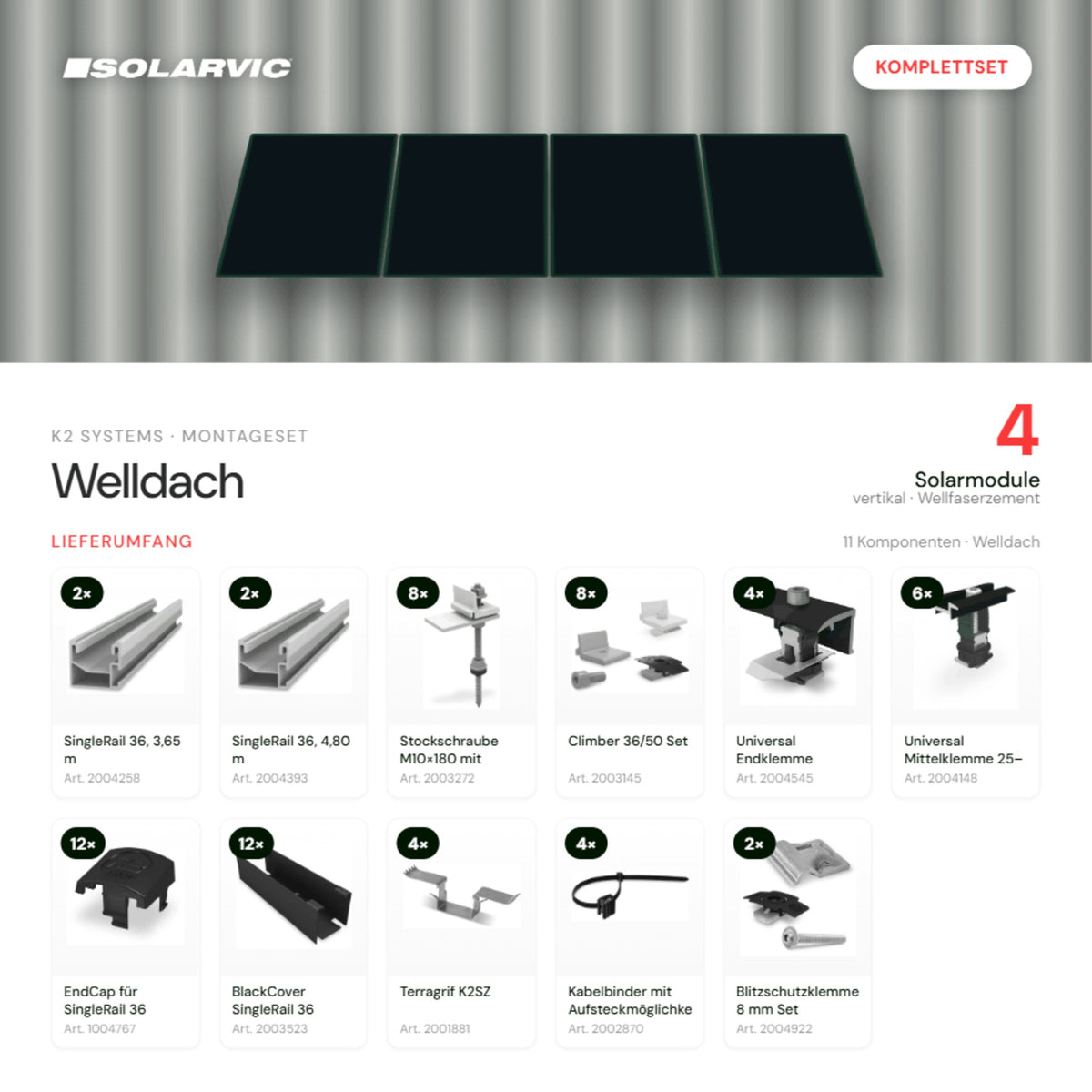 K2 SYSTEMS Montageset Welldach Vertikal – 4 Solarmodule: Lieferumfang Komplettset