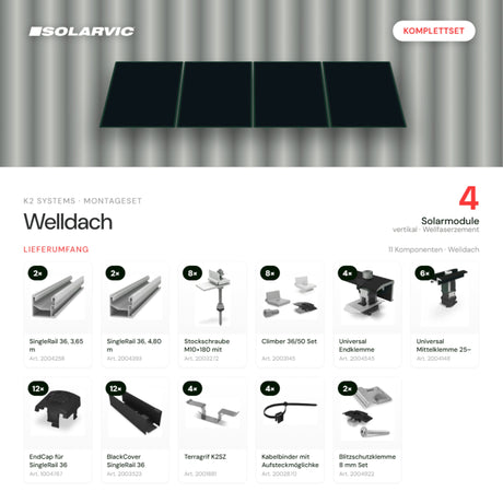 K2 SYSTEMS Montageset Welldach Vertikal – 4 Solarmodule: Lieferumfang Komplettset