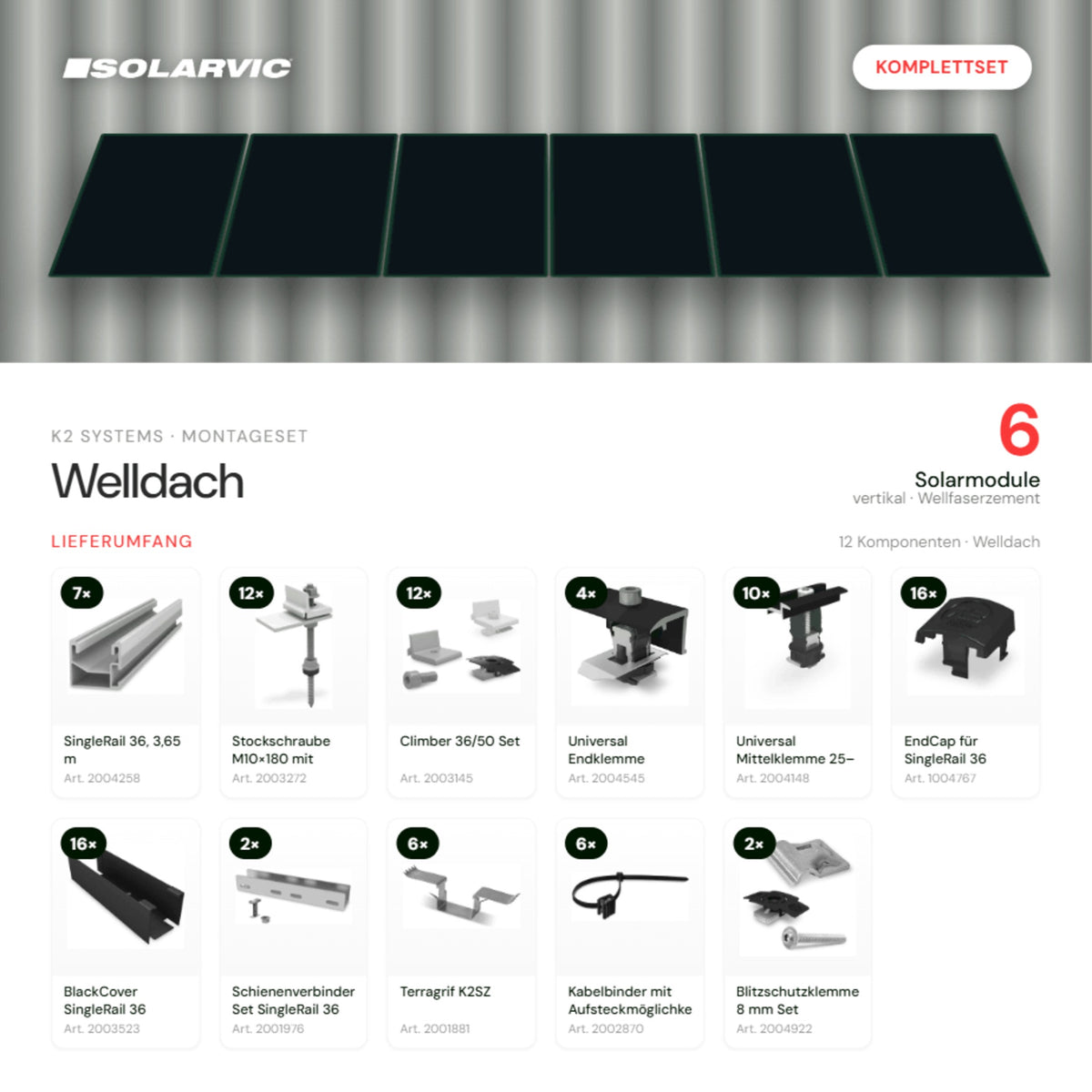 K2 SYSTEMS Montageset Welldach Vertikal – 6 Solarmodule: Lieferumfang Komplettset